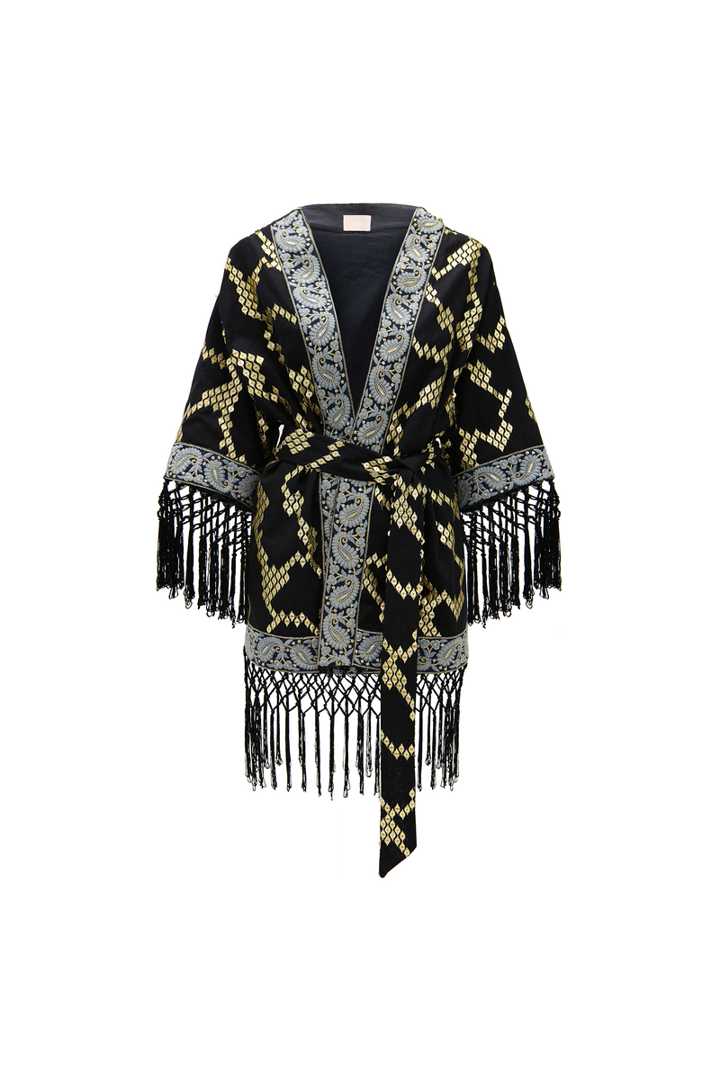 KIMONO JACQUARD DOURADO PASSAMANARIA E FRANJAS PRETO (8720248242403)