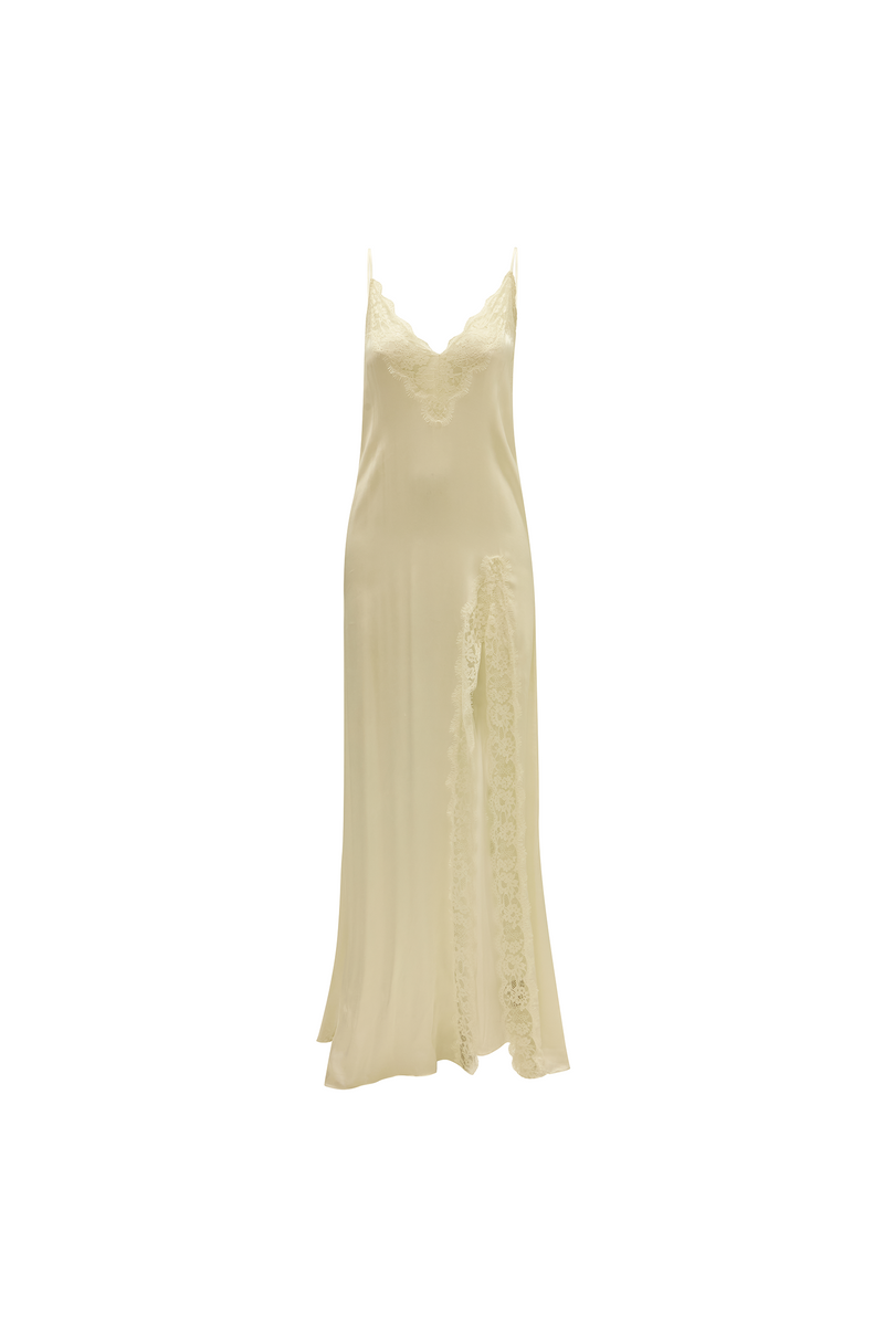 VESTIDO LONGO ALÇA CETIM RENDA DECOTE E FENDA OFF WHITE (8720250700003)