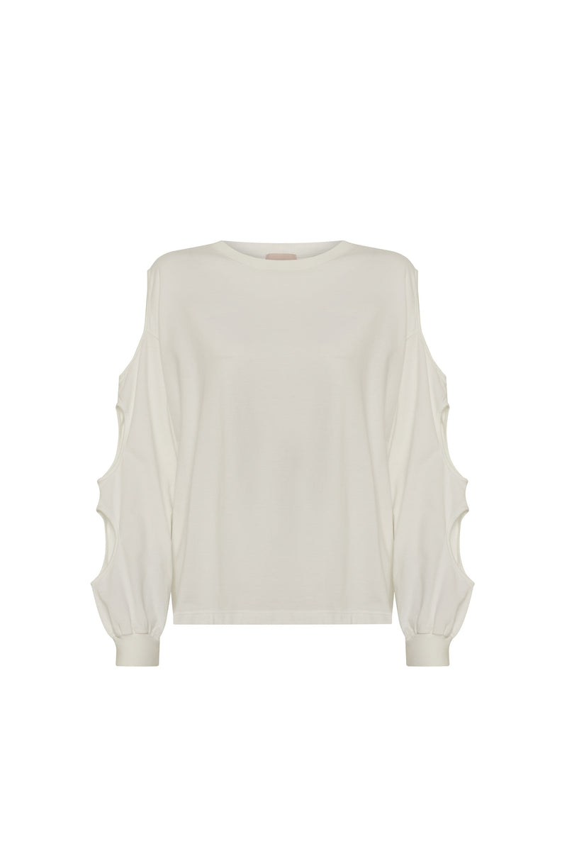 BLUSA AMPLA ABERTURAS MANGAS MALHA OFF WHITE (8616965013731)