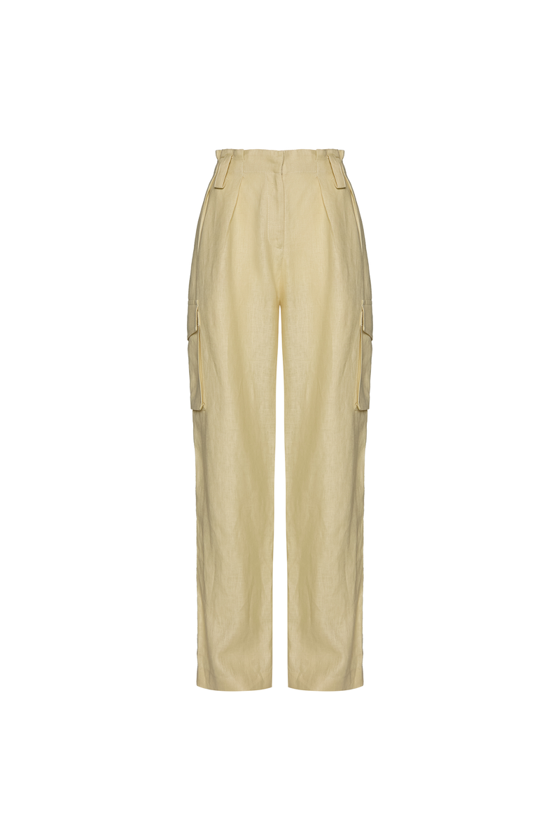 CALÇA CARGO PREGAS LINHO AMARELO CLARO (8765748412643)