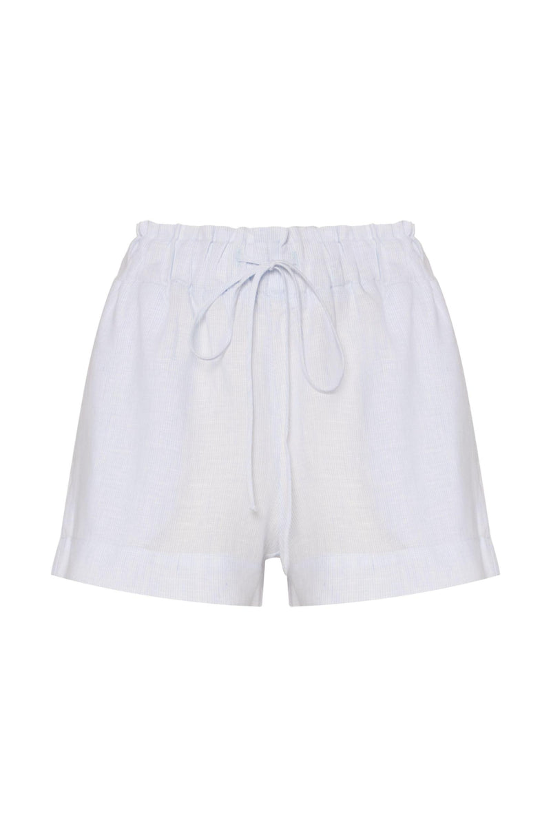 SHORTS ELÁSTICO CÓS LINHO LISTRAS FINAS AZUL CLARO (8699445412067)