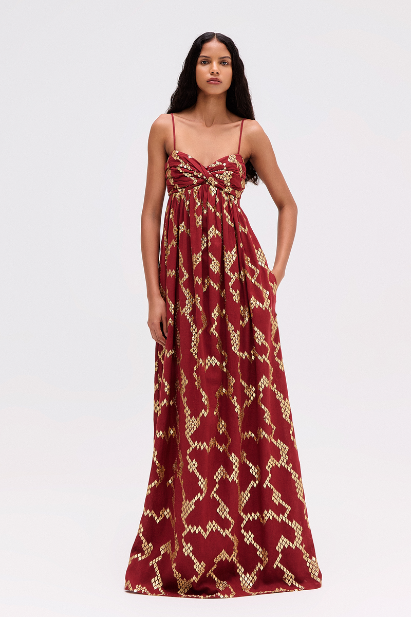 VESTIDO LONGO ALÇA JACQUARD DOURADO E VERMELHO (8720250863843)