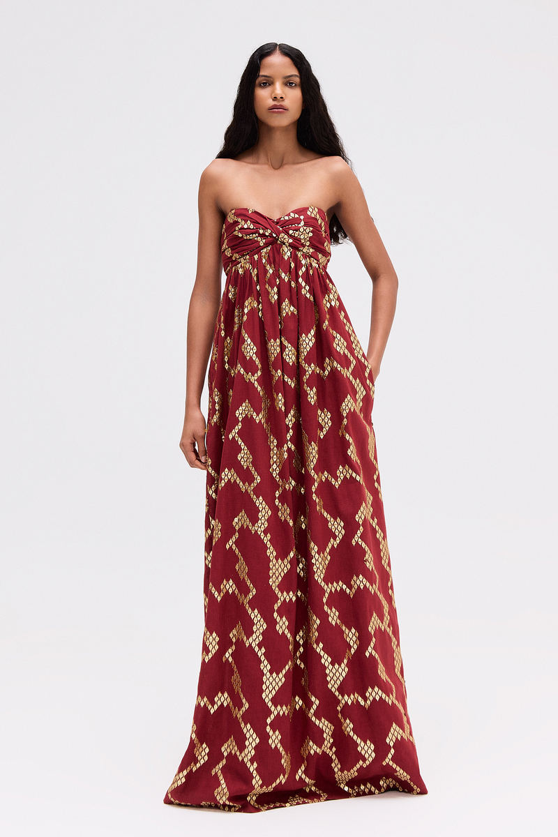 VESTIDO LONGO ALÇA JACQUARD DOURADO E VERMELHO (8720250863843)