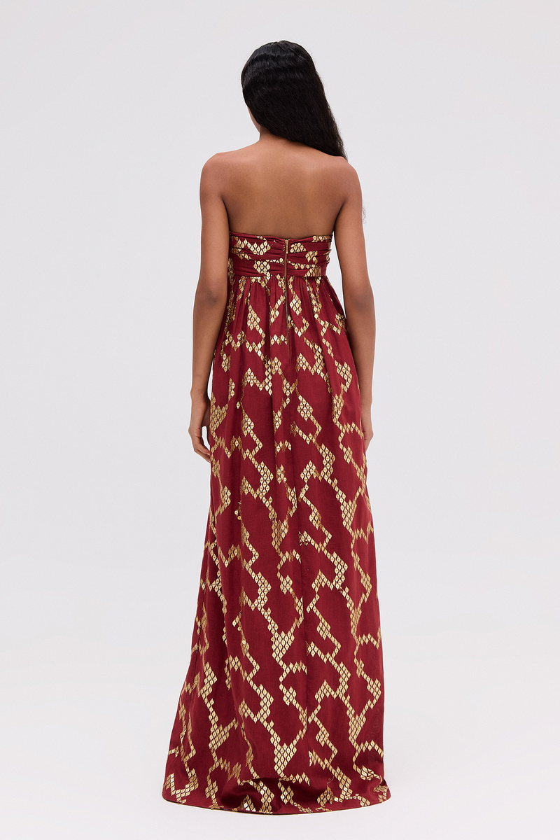 VESTIDO LONGO ALÇA JACQUARD DOURADO E VERMELHO (8720250863843)